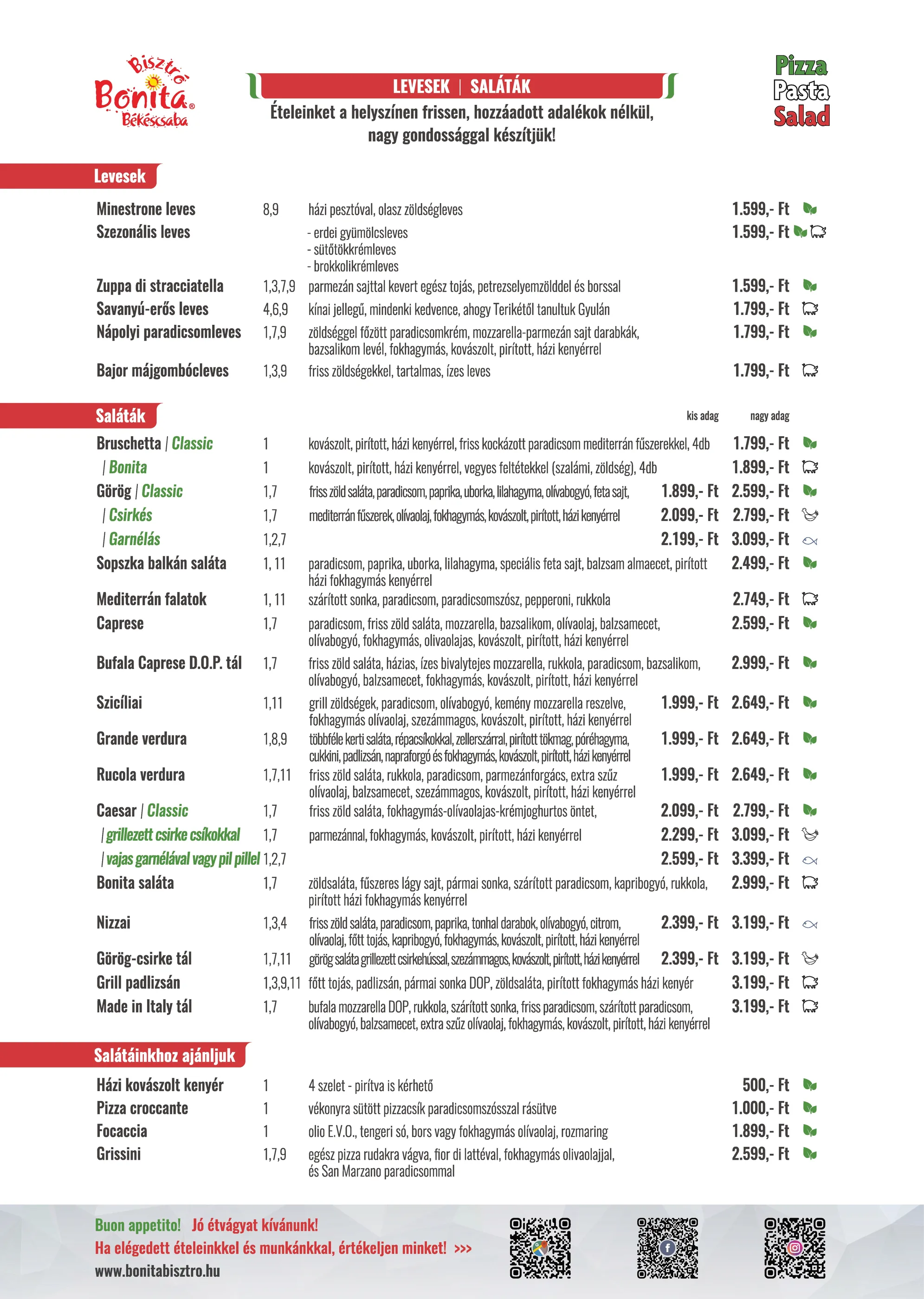 Bonita Bisztró Békéscsaba – étlap oldal 6.